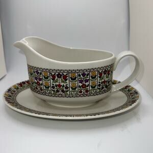 VINTAGE Royal Doulton Fireglow Folk Flower Gravy Boat and Plate Cottagecore